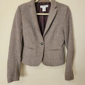 NWOT H&M LOGG Size 6 Brown Herringbone 1Button Wool Blazer Jacket Elbow Patch